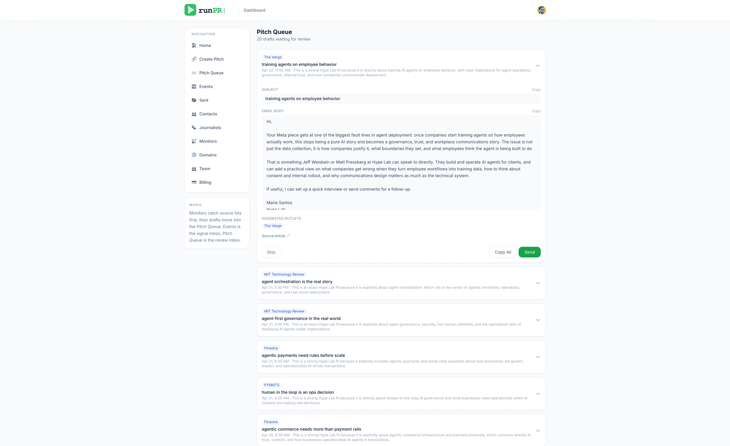 RunPR Pitch Queue dashboard with draft pitches, suggested journalists, and reply tracking
