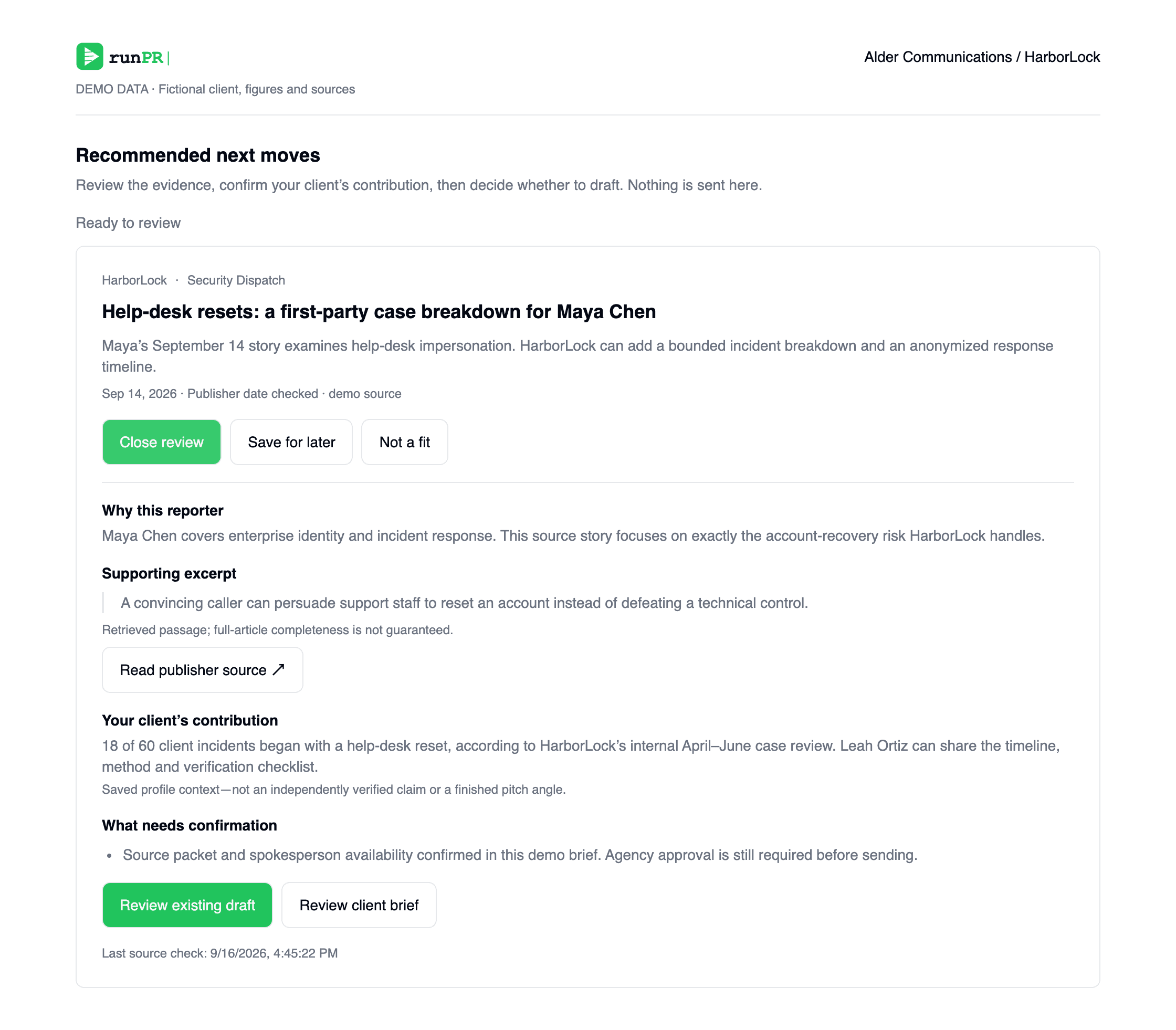 RunPR recommended next move showing a reporter match, source excerpt and client contribution using fictional data