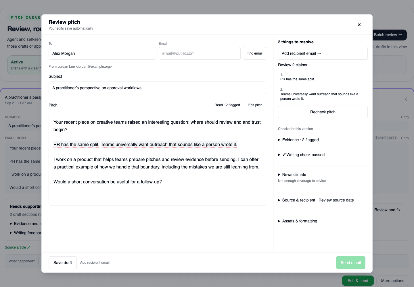 RunPR pitch-first editor with two flagged claims and compact review sidebar, using fictional sample data